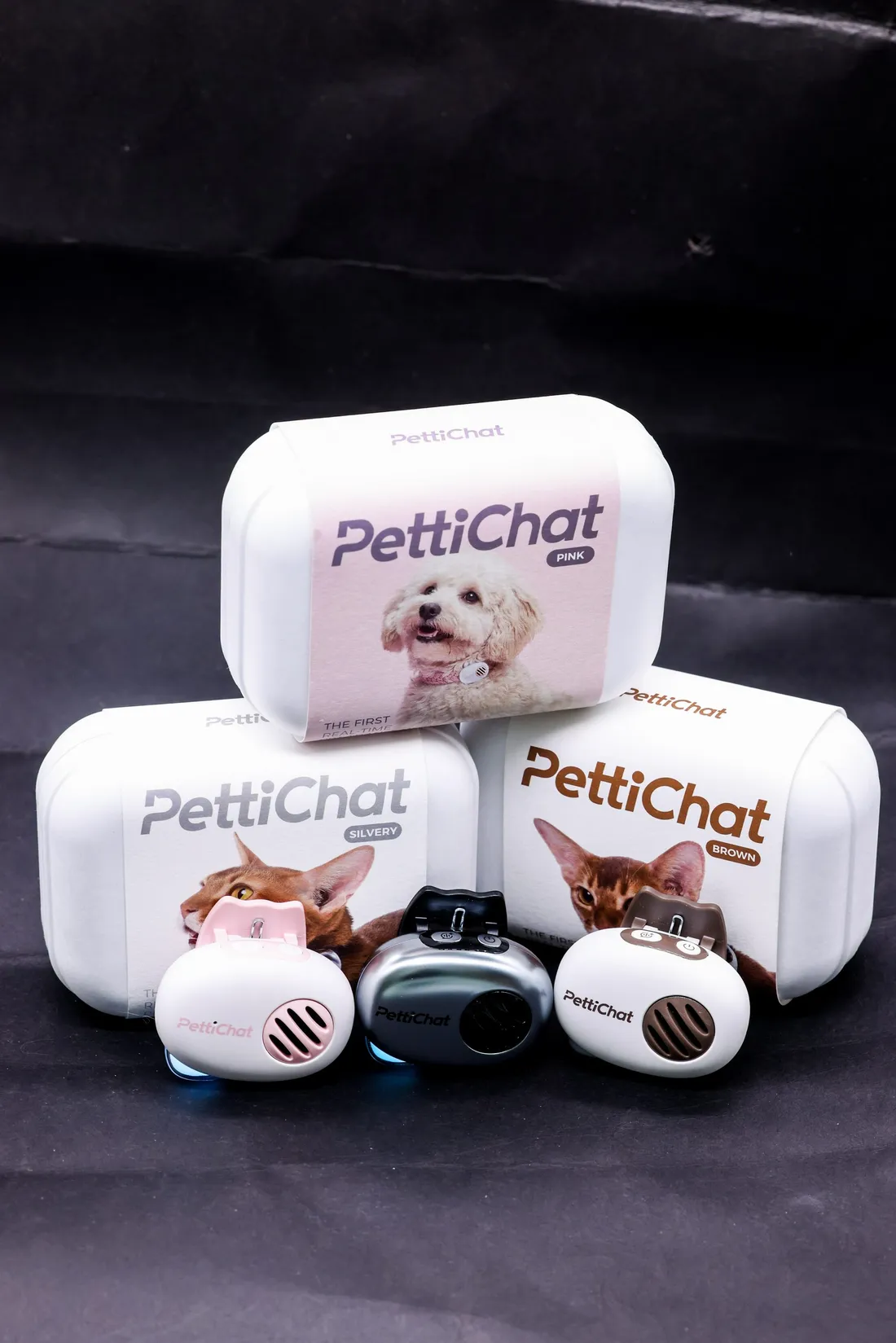 PettiChat retail packaging with three device colorways